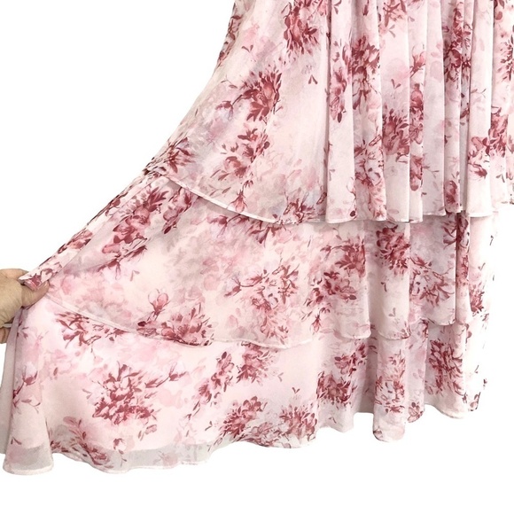 FAME AND PARTNERS Delaney Pink Floral Ruffled Tiered Chiffon Midi Dress - Picture 8 of 12